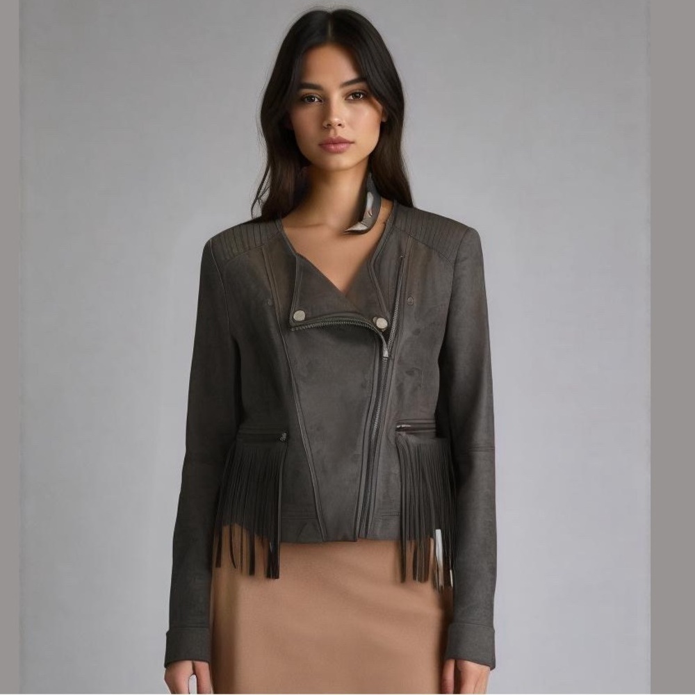 FATE Revolve Black Fringe Trim Faux Suede Asymmetrical Zip Lightweight Jacket S